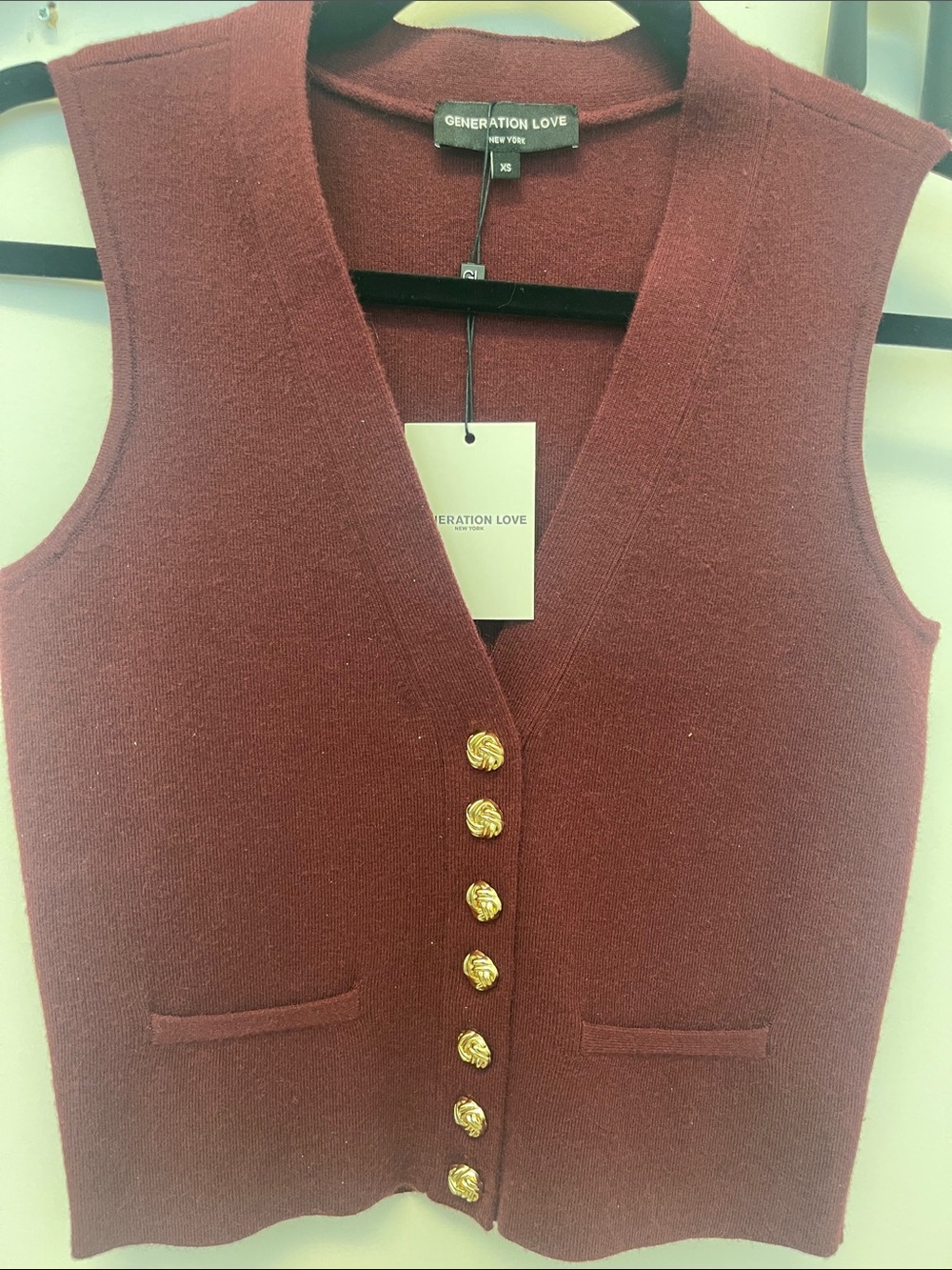 Generation Love Wine Red Knit Vest with Gold Buttons